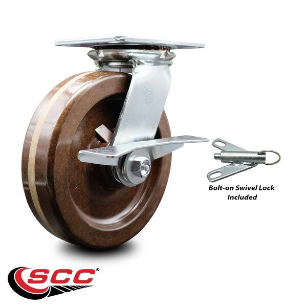 8 Inch High Temp Phenolic Caster With Roller Bearing And Brake/Swivel Lock SCC